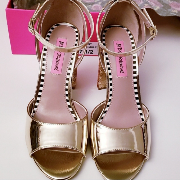 Betsey Johnson Brandy Mettallic Gold & Sequin Heels - Picture 2 of 5